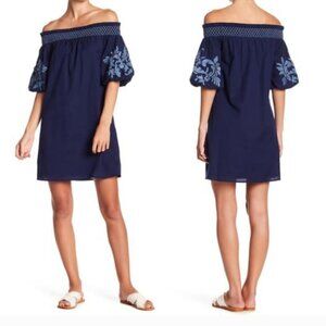 BeachLunchLounge Navy Off The Shoulder Embroidered Mini Dress Size S
